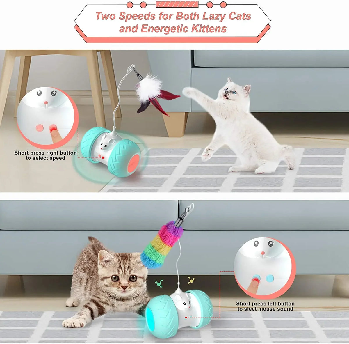 Interactive Cat Toys for Indoor Cats, Automatic Kitten Toys Electronic with Mouse and 3 Feathers