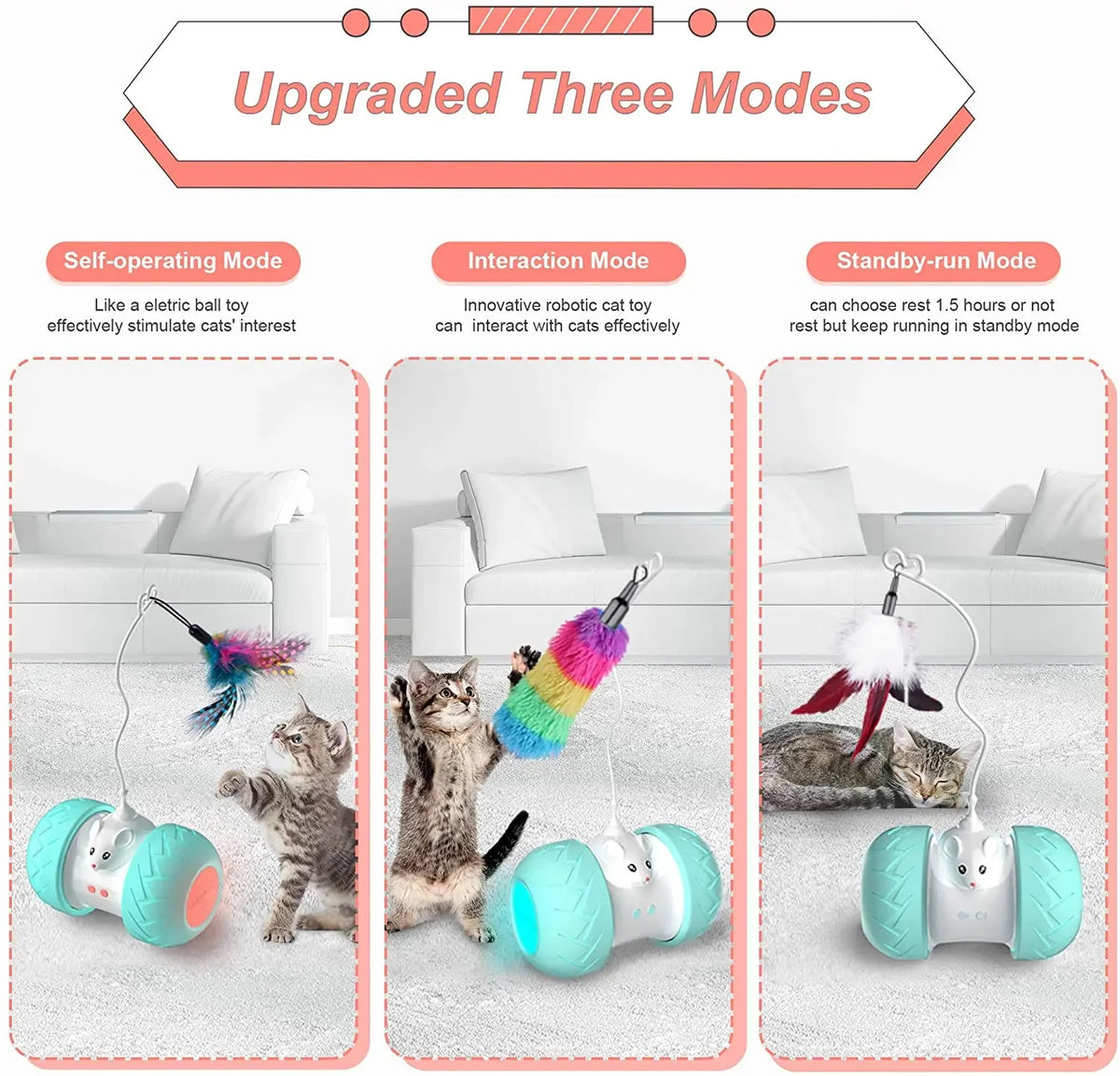 Interactive Cat Toys for Indoor Cats, Automatic Kitten Toys Electronic with Mouse and 3 Feathers