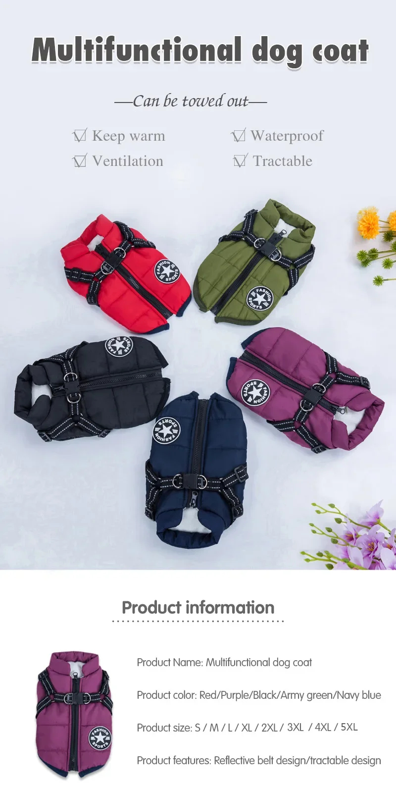 Waterproof Dog Winter Coat with Built-In Harness – Warm & Reflective