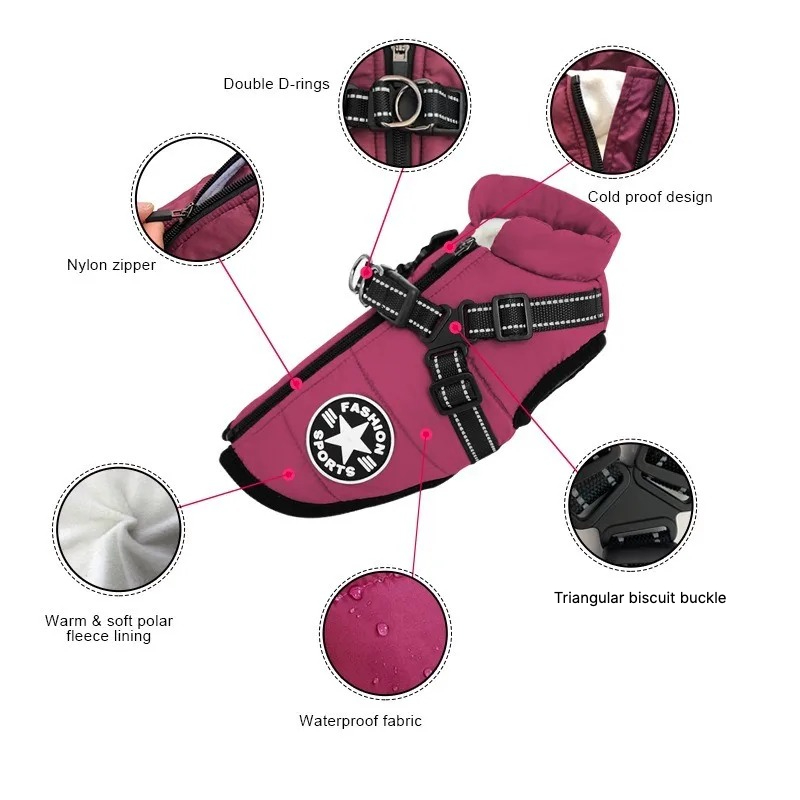 Waterproof Dog Winter Coat with Built-In Harness – Warm & Reflective